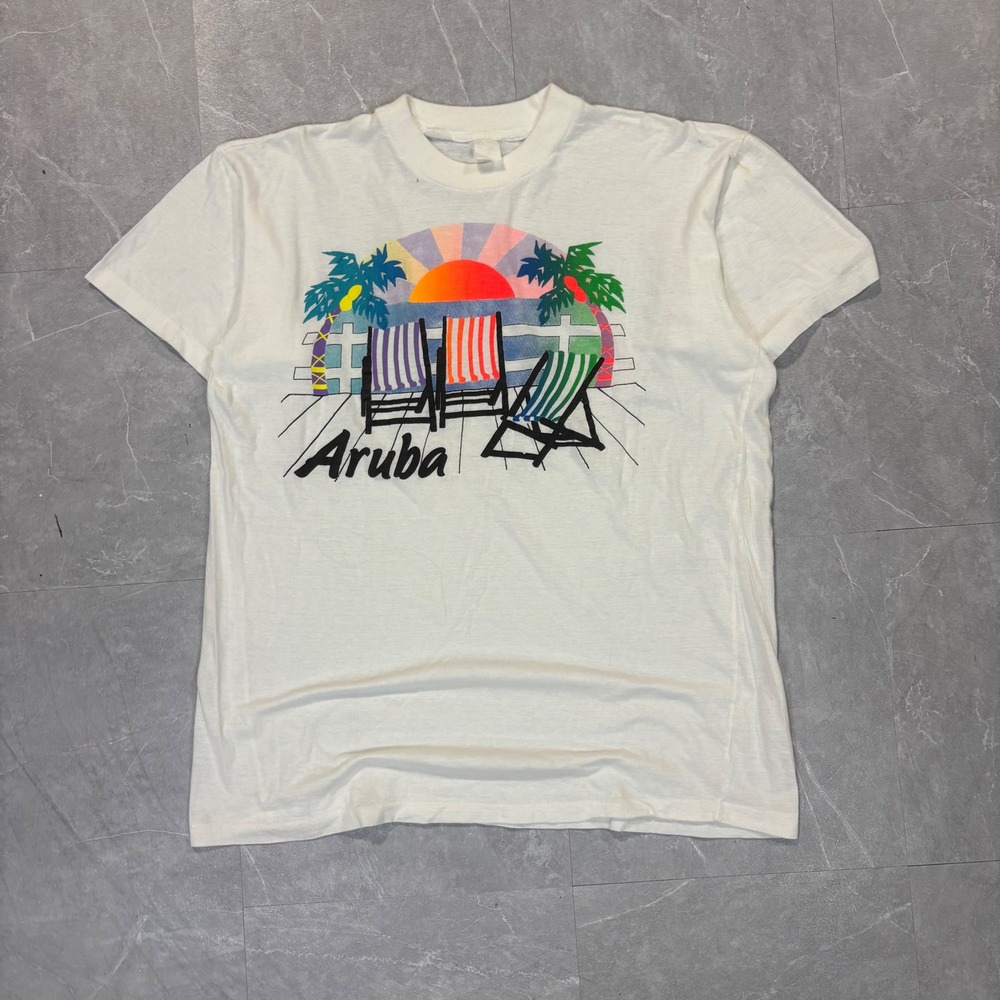 Vintage Aruba Beach Sunset Graphic T-Shirt Mens White XL Single Stitch 4898